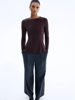 NWT H&M Crepe Jersey Peplum Top Brown Long Sleeve Size Small